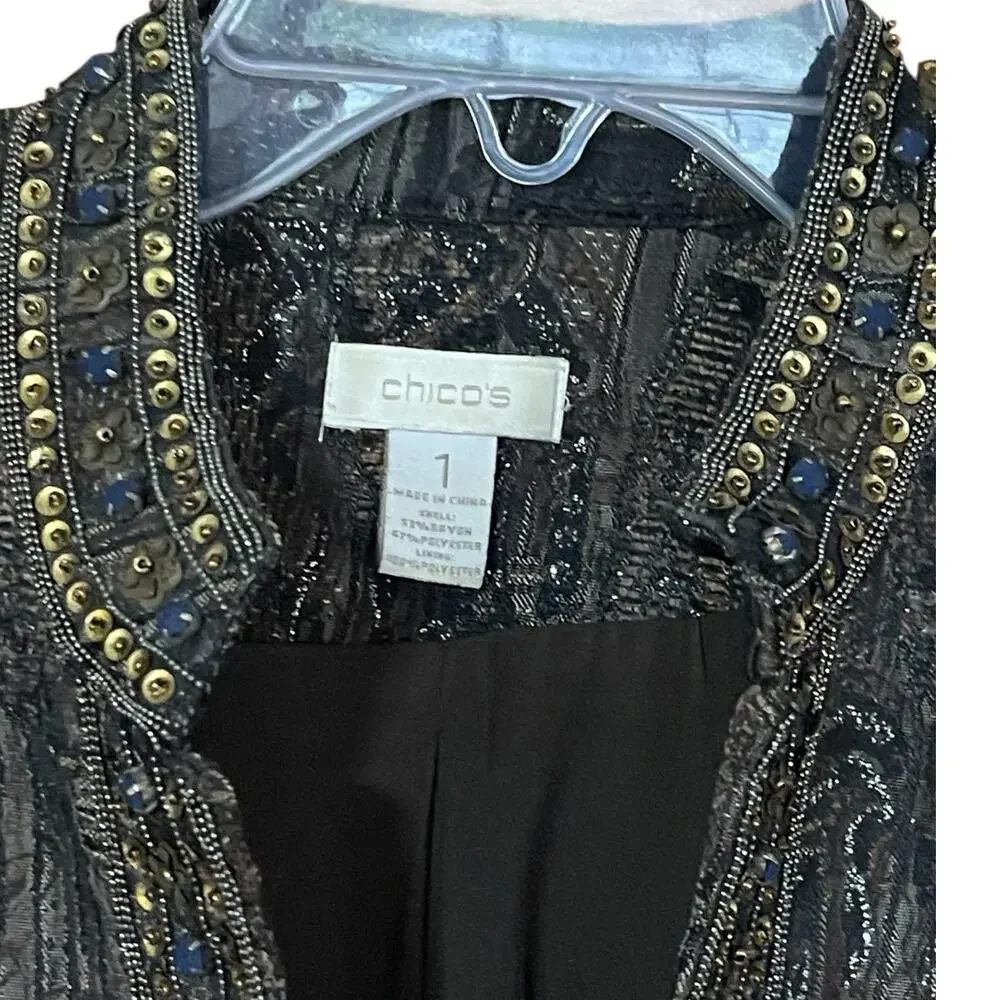Chico's Womens Size Medium Dressy Brown Black Shimmer Sequin Bead Blazer Jacket